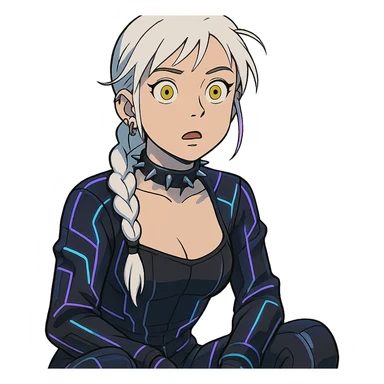 a shocked facial expression, a closeup portrait of young woman with gold yellow eyes, white hair, long braid, black off-shoulder top d-cup, punk gothic style, futuristic cyberwave cyberpunk, sitting position sticker
