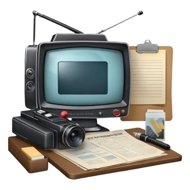 Icon for Documentary Film: A TV show-style design with a large screen displaying a documentary scene. Include papers, a clipboard, and files scattered around, along with a microphone and camera. The design should evoke a news or investigative TV program vibe. Transparent background. sticker