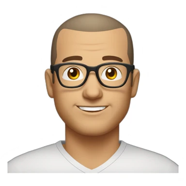 Middle age man with buzz cut salt and pepper dark hair, thick frame glasses, with a round face and broad smile, wearing a v-neck t-shirt sticker