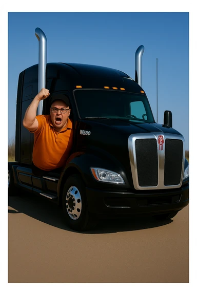 Place the angry bald man wearing an orange shirt, glasses, and a baseball cap inside the 2026 Kenworth W680 black sleeper semi truck, hanging out of the driver's side window but mostly inside the cab. The scene should be bright and vivid with clear details of the truck and the man. sticker