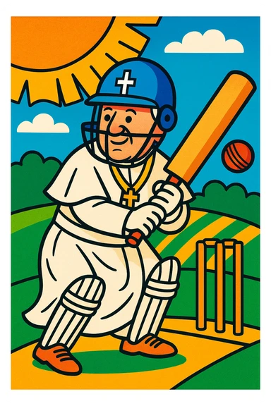 the pope as a cricket batsman, vibrant cartoon style sticker