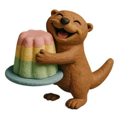 laughing otter hugging pastel jelly cake, claymation style sticker