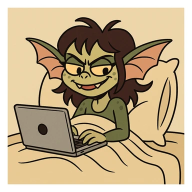 cartoon style gremlin girl with dark brown hair, pretending to work from bed, mischievous smile, laptop, cozy blanket sticker