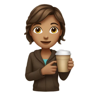 girl with brown hair holding a coffee sticker