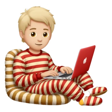 man in striped pajamas and fuzzy slippers typing on a laptop, emoji style sticker
