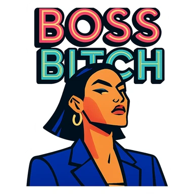 confident, glamorous woman with sharp jawline with 'Boss Bitch' in neon colors in vibrant toon style sticker