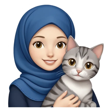 White girl wearing dark blue hijab with white shirt smiling while holding a black grey tabby cat sticker