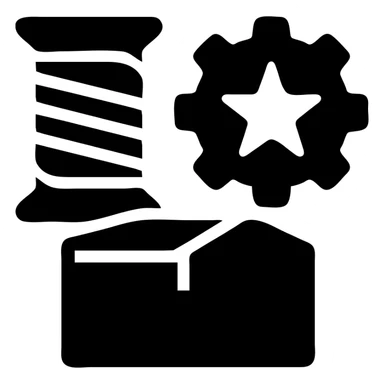 Minimalistic solid black filled icon featuring a manufacturing symbol representing 'We handle all types of goods: from textiles to the military-industrial complex' sticker