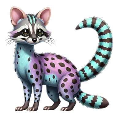 Feral Rare Fantasy iridescent scaly shaded detailed vibrant colorful Genet-Trico-Civet-Cacomistle-Margay-species by LiLaiRa, with dark-blackish points, white belly, random markings, tufted tail, tufted ears, full body sticker