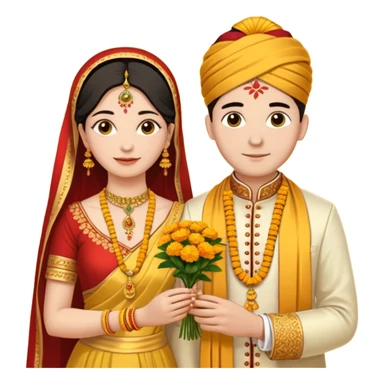 
A yellow sacred thread with two small gold pendants being tied around a bride's neck. The groom's hands are tying the knot while traditional Indian wedding elements like flowers and decorative details are visible in the background. Warm, ceremonial aesthetic. sticker