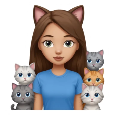 a pretty bratz dusky light skin girl with long brown hair, blue eyes with six cats nd wearing a grey tshirt sticker