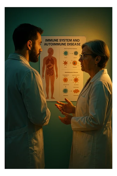 Realistic, detailed photo taken from behind of two doctors—a bearded man and a middle-aged woman—standing and facing each other as they discuss an autoimmune disease diagnosis in front of a medical chart that displays information about the immune system and autoimmune conditions. The scene is illuminated by a yellowish, orange, warm light that softly envelops the doctors. The entire room is bathed in a single green-blue color, creating a cohesive and modern atmosphere. Both doctors wear white coats, and their body language suggests a serious, professional conversation about the complexities of autoimmune diseases. Shot with a Canon EOS R5, with high detail and natural depth of field. sticker
