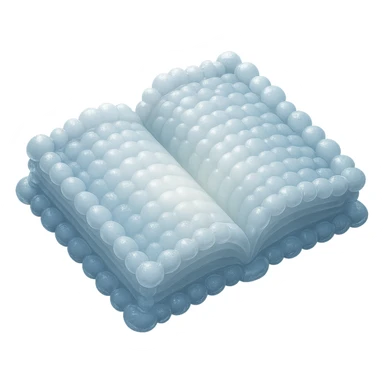 thick open book viewed from above, made entirely of small very bright white fluffy convex clouds, matte glass style sticker