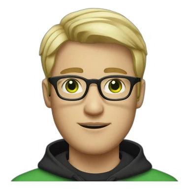 A blond short haired man with green eyes and a black sweatshirt with clear glasses sticker