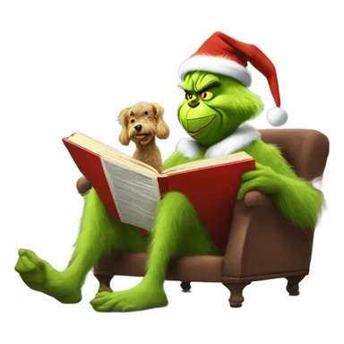 The grinch riding a poodle in the library while reading a comic book sticker