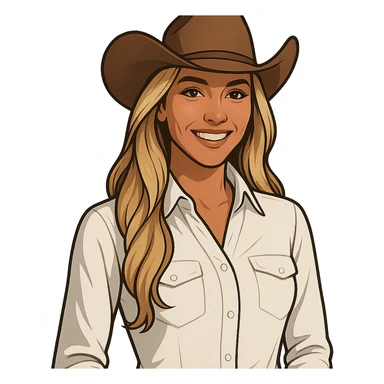 cowgirl with long blonde hair, brown eyes, wearing a cowboy hat, white clothing, tanned skin, clear and appealing style, friendly expression sticker