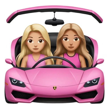 Make car far away so I can see full car Car facing forward in sports car. Make hair long  One girl isFront of car sitting in the seats. Make it a pink sports car. They are two baddies make it a Lamborghini pink car  sticker