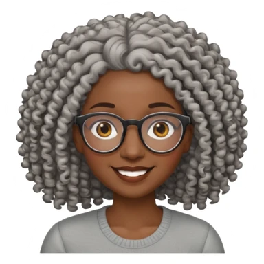 smiling dark black woman wearing glasses with lots of curly gray hair a sticker