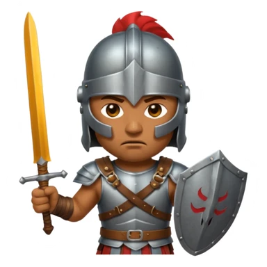 Emoji portrait of an entertainment slave (gladiator). He has an angry expression and wears a helmet, holding a short sword. sticker