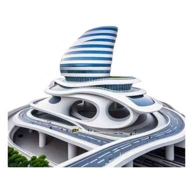 Realistic Dongdaemun Design Plaza (DDP) Landmark Emoji, featuring the iconic curving silver structure with futuristic architecture, illuminated pathways, and a sleek modern design set against the Seoul cityscape. sticker