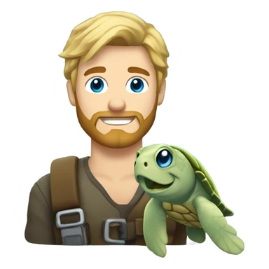 Bearded blond man with spikey hair and blue eyes holding a sea turtle  sticker
