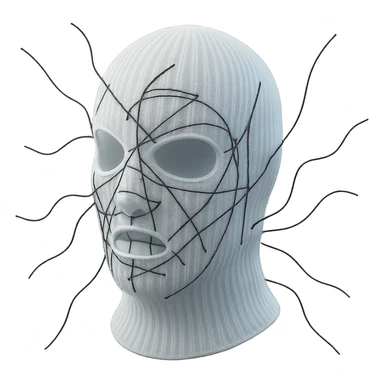 The mask is a full-head, white knitted balaclava with a tight ribbed texture. It features two asymmetrical eye openings and a partially exposed mouth area. Black thread is stitched across the surface in chaotic, abstract lines that trace facial features, giving a hand-drawn effect. Several black cords extend outward from the mask, varying in length and direction, adding a sculptural, almost organic appearance. The overall look is bold, handcrafted, and visually striking. sticker