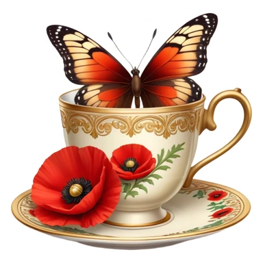 A warm-toned still life featuring a delicate brown butterfly resting near a red poppy flower and an ornate gold coffee cup. The composition exudes a vintage charm, bathed in soft golden light. sticker