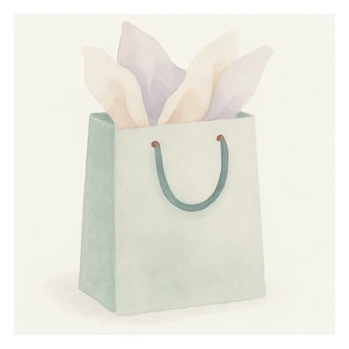 a gift bag with tissue paper in watercolor style sticker