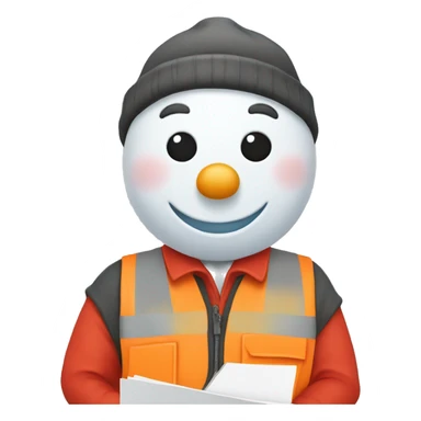 snowman holding construction documents with red shirt and orange vest sticker