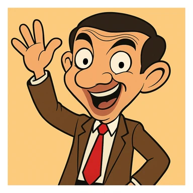 Happy Mr. Bean waving, cartoon style, vibrant and expressive character with clear joyful expression, colorful and lively illustration. sticker