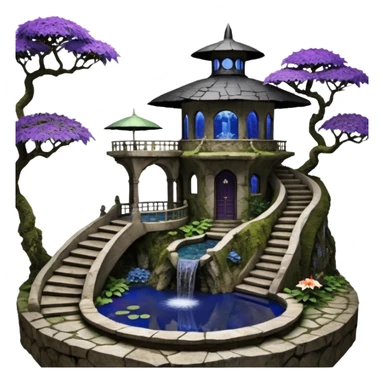 Alien saucer house jungle-vines precarious narrow stairway fountain koi pond mountain-island getaway nighttime landscape antique mudman very old broken cracked intricate Stone Age lapis-crusted irregular dodecagon-shaped shallow dark moss rough bark violet serissa flowered maple tree bonsai pot sticker