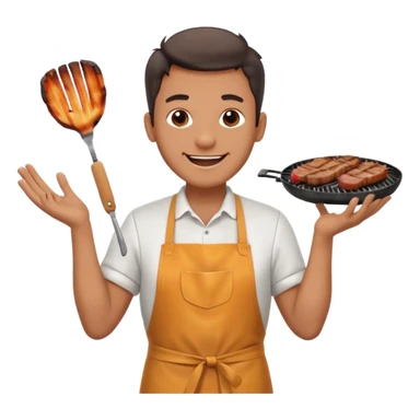 A cheerful man in an apron flipping meat on a sizzling grill with smoke puffing upward. sticker