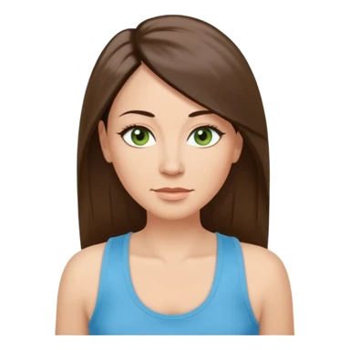 43 year old Adult woman avatar, light skin tone, long, oval face, long straight ashy brown hair, green almond-shaped eyes with dramatic eyelashes and minimal eyeliner, neutral mouth, medium straight eyebrows, small nose, smooth skin, sky blue tank top sticker