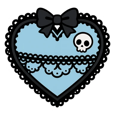 pastel goth heart with lace and a tiny skull, baby blue and black, kawaii gothic style sticker