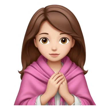 A girl with brown hair, wearing a pink shawl, has beautiful features and her hand rests on the shawl. sticker