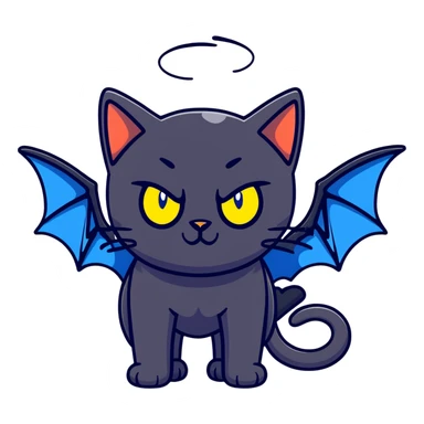 black cat with blue bat wings and glowing yellow eyes sticker