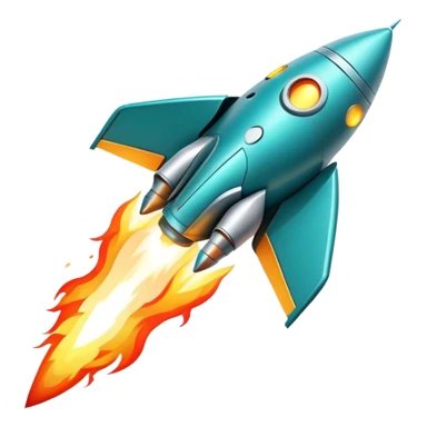 robotic teal spaceship launching to the right with rocket flames sticker