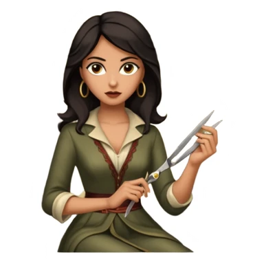 Delilah, a beautiful Philistine woman with dark hair and elegant clothing, seated in a dimly lit room. She has a cunning, seductive expression as she holds a pair of scissors, symbolizing her betrayal of Samson. sticker
