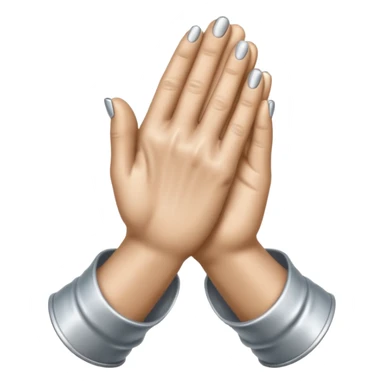 Emoji-style praying metallic hands, realistic proportions, clean outlines sticker