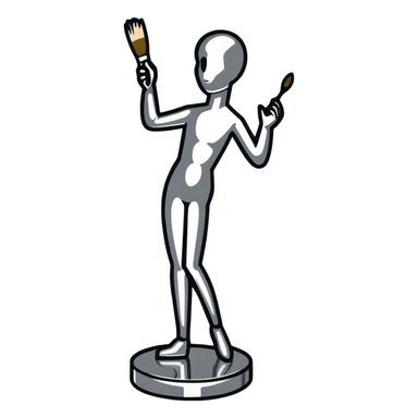 A paintbrush transforming into a silver human silhouette sculpture, symbol of artistic identity, with a gleaming silver metallic finish sticker