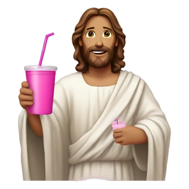 Jesus in a gown holding a pink tumbler with a lid and straw sticker