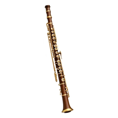 Create a detailed and elegant emoji representing an oboe. The design should feature the slender, cylindrical body of the oboe, with intricate keywork visible along its length. The top should showcase the small, delicate reed typical of the instrument. Use rich wooden tones, with accents of silver or brass on the keys to reflect the high-quality craftsmanship of the oboe. Add subtle musical notes surrounding the instrument to symbolize its expressive, melodic sound. The background should be transparent. sticker