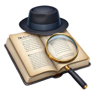 Icon for Detective Reading: an open book with text and a magnifying glass, a detective’s hat and a notebook with clues, surrounded by dark shadows and mysterious elements like footprints. Transparent background. sticker