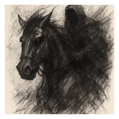 A dark, spectral horse with a shadowy rider, inspired by apocalyptic and mythic poetry, black and white sketch style, dramatic lighting, no background, ominous and atmospheric, evoking a sense of doom and supernatural power sticker