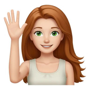 confident woman named Freya McOmish, smiling, green eyes, long hair with a middle part, subtle freckles, modern casual style, broad shoulders, wearing a white sleeveless deep square neck top, waving sticker