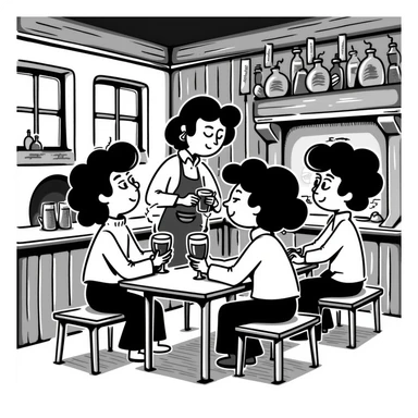 A classic RPG-style tavern scene with pixel characters around a table sticker