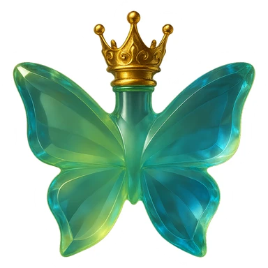 Create a crystal butterfly-shaped bottle with a short neck and a princess crown on top. Use light green (#c0ff53), blue, and similar shades that naturally blend like crystal with light refractions, transparency, and natural transitions, not just gradients. Keep golden details, a transparent background, a beautiful merging base, and the bottle floating in the air. The design should be elegant, bright, without a base or shadow. sticker