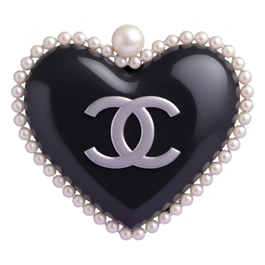 glossy black heart with pearls draped on top, silver Chanel logo in the center, elegant, black and white sticker