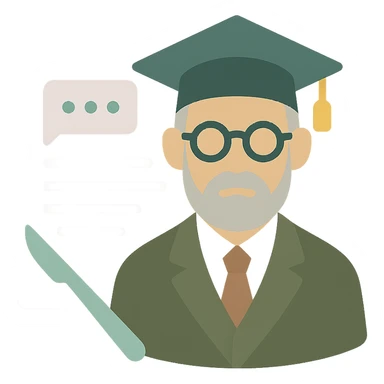 sleek clinical icon of a dignified intellectual professor with classic academia style, subtle scalpel sub-graphic, minimal document background with implied text and AI chat interface hints, refined historic academic color scheme, minimal Apple-like aesthetic sticker
