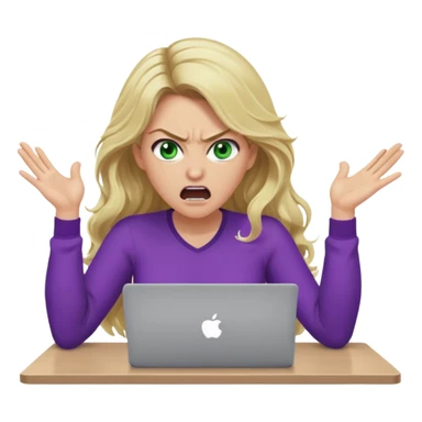 lady with long wavy blonde hair, purple top, green eyes, at desk with hands and face gesturing very angry and shouting, with a purple mac laptop  sticker